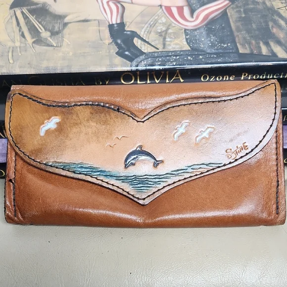 Vintage Handmade Brown Leather Wallet W/ Embossed Tropical Fantasy Dolphin - Picture 1 of 7